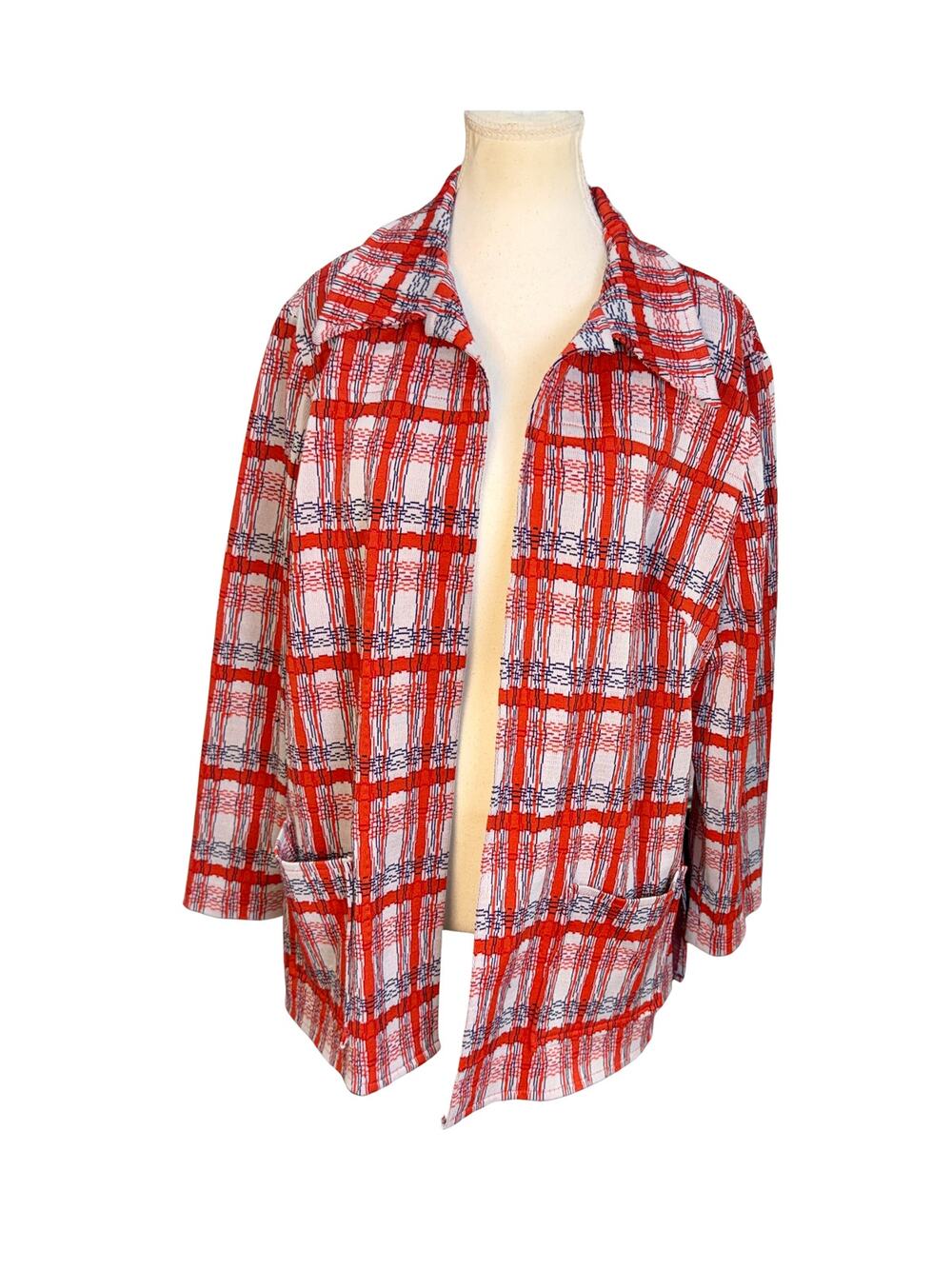 Vintage 70s Red White Blue Abstract Plaid Open Front Blazer Jacket Size XL